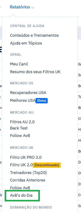 Menu para Acessar Todos os AVBs Abertos