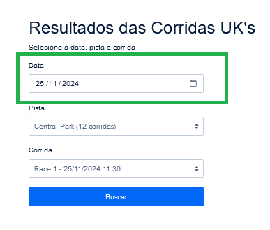 Imagem do campo para selecionar a data para buscar resultados das corridas de galgos UK